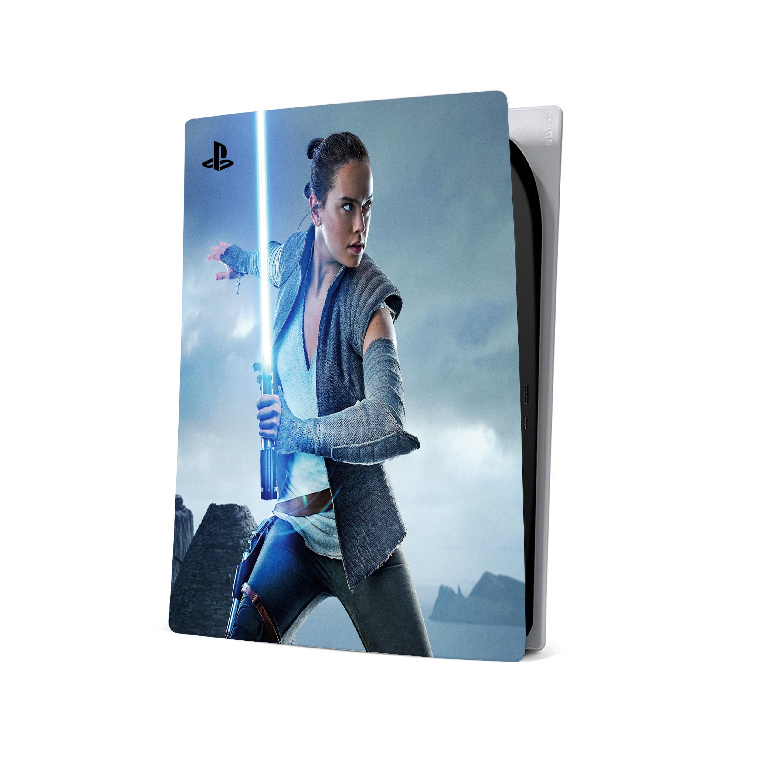 A video game skin featuring a Star Wars Rey design for the PS5.