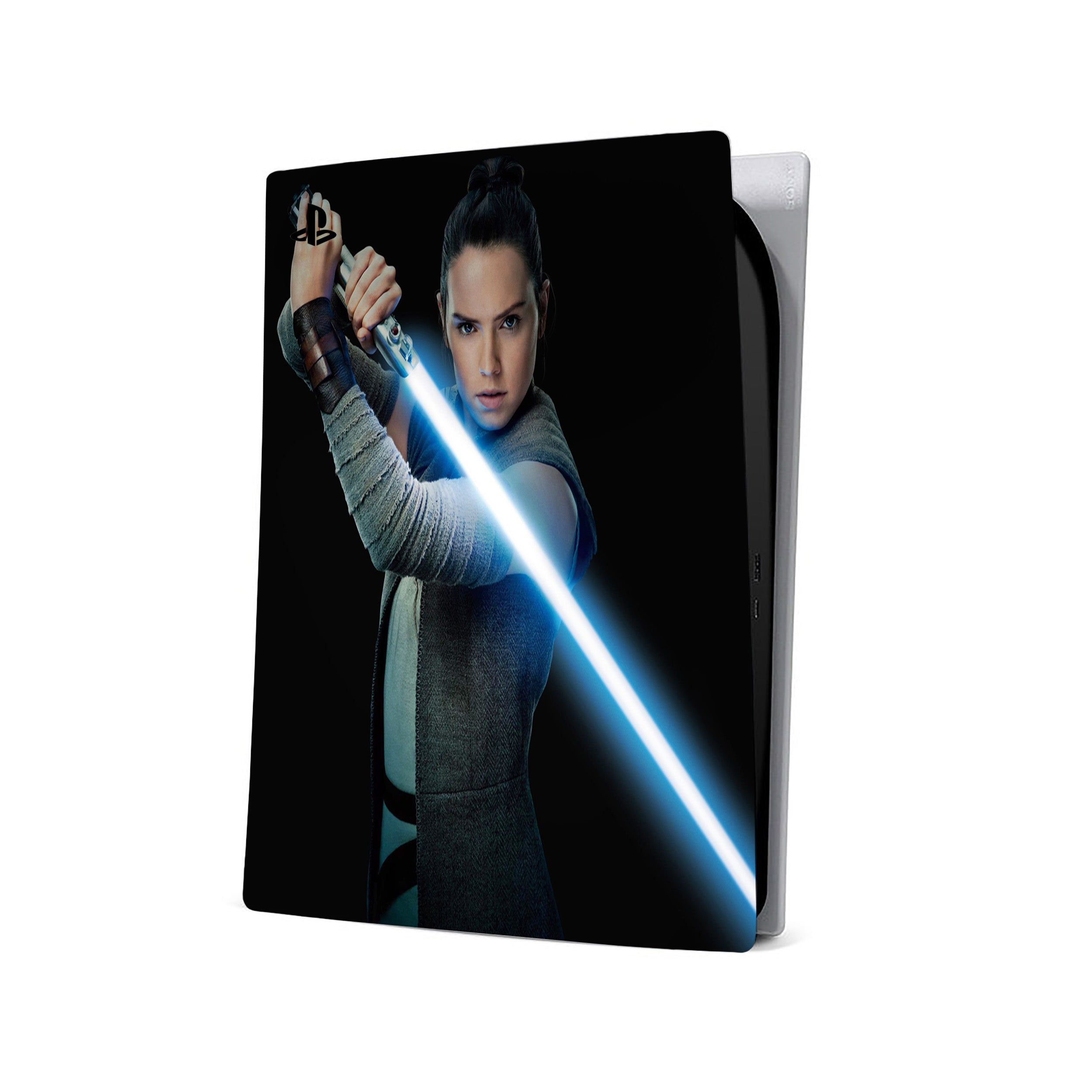 A video game skin featuring a Star Wars Rey design for the PS5.