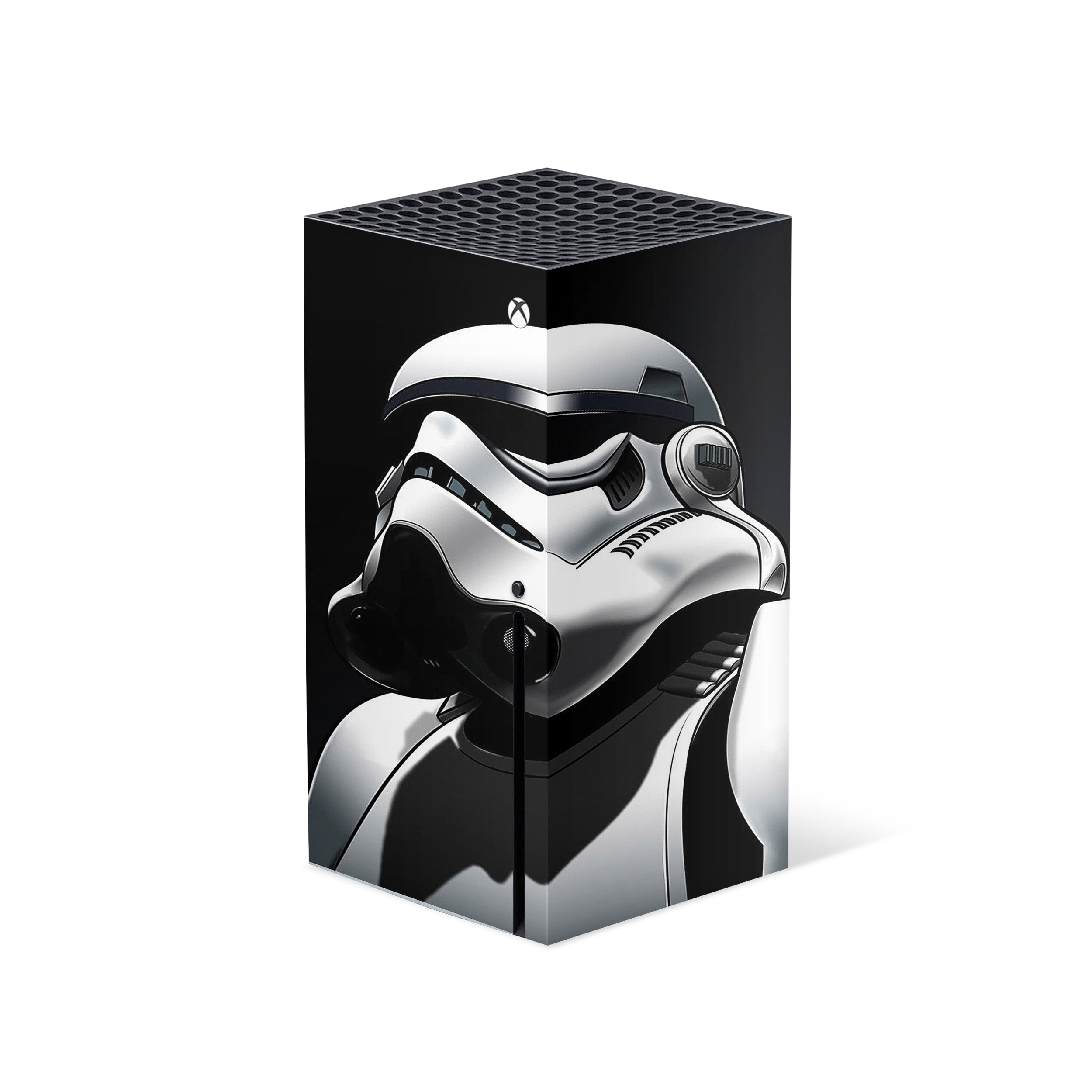 A video game skin featuring a Star Wars Storm Trooper Moonwalk design for the Xbox Series X.