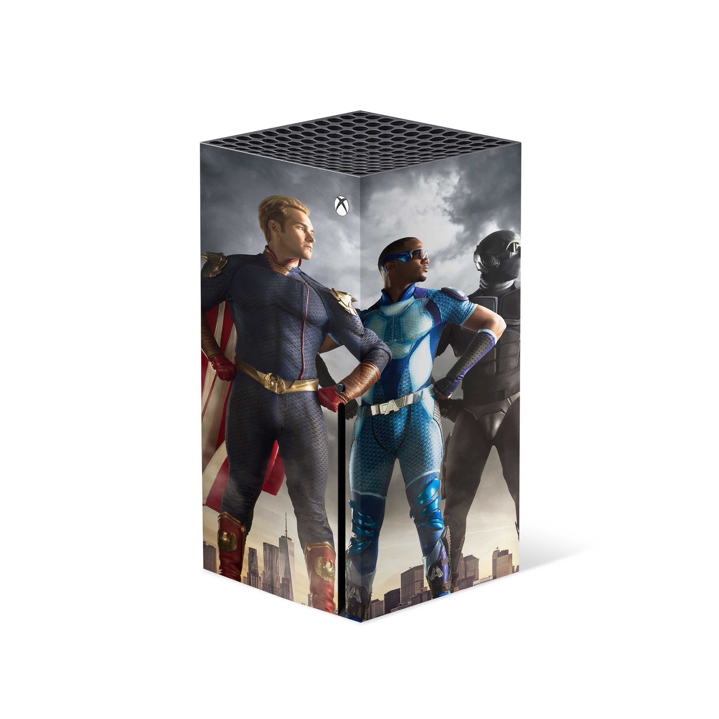 A video game skin featuring a The Boys The 7 design for the Xbox Series X.