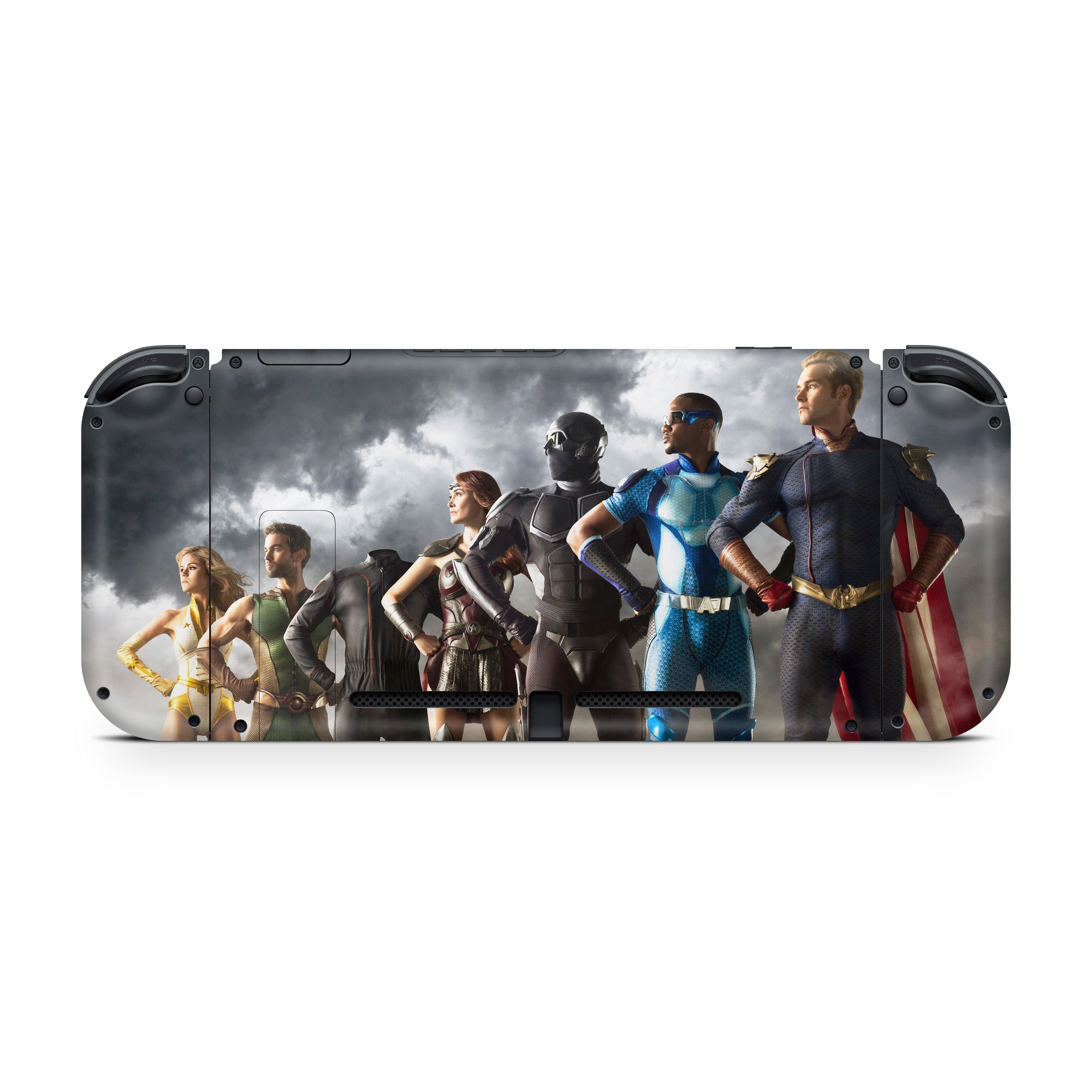 A video game skin featuring a The Boys The 7 design for the Nintendo Switch.