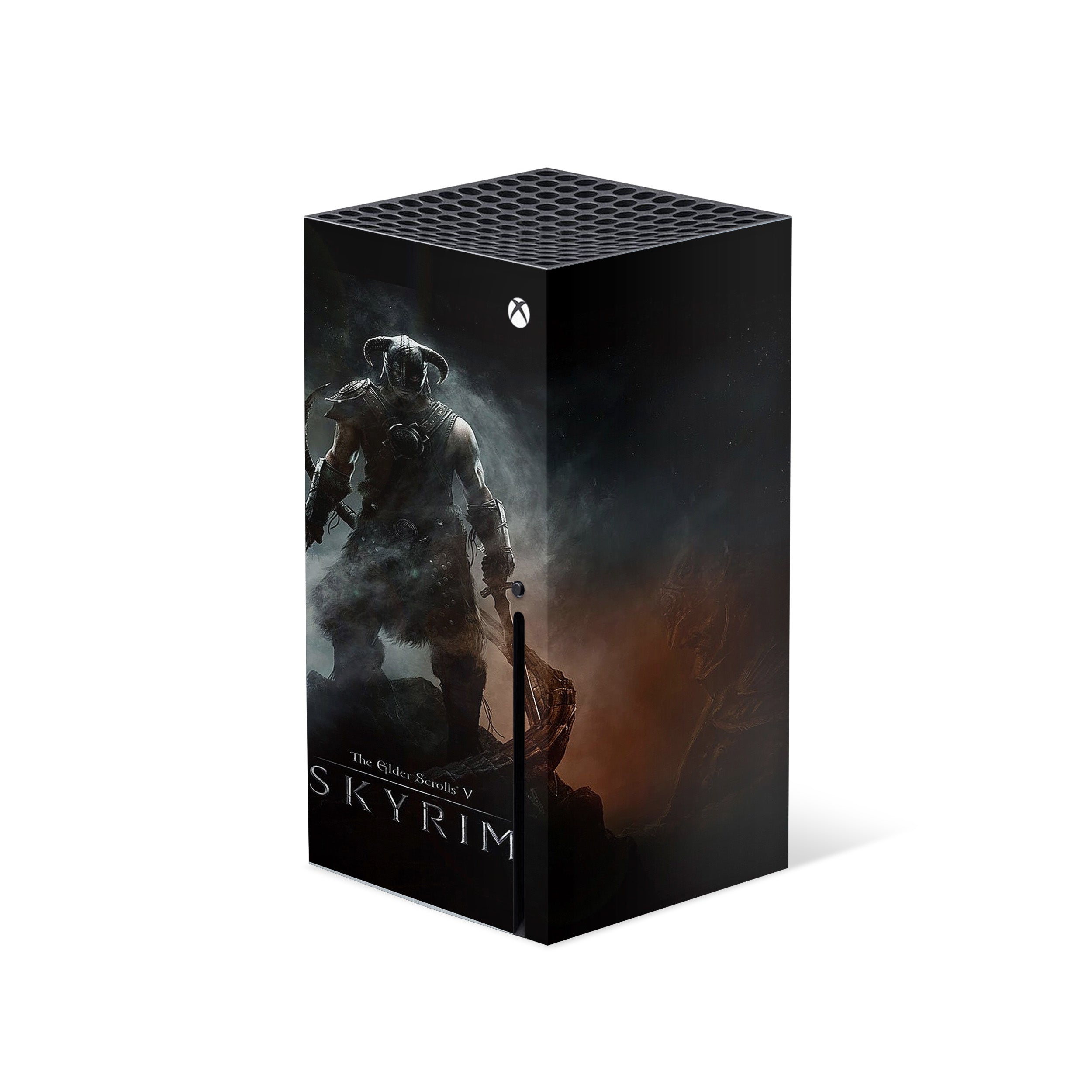A video game skin featuring a The Elder Scrolls 4 Skyrim design for the Xbox Series X.